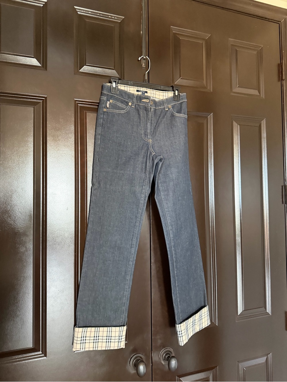 Burberry Navy Denim Cropped Jeans with Signature Check Cuff